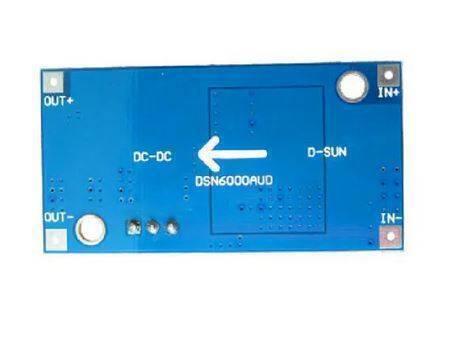 XL6009 Buck Boost Convertor Module - a blue rectangular circuit board with labeled IN+, IN-, OUT+, and OUT- connection points and a white arrow.