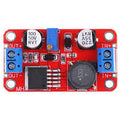 XL6019 5A DC-DC Step Up Boost Converter Price - a red rectangular circuit board featuring a blue potentiometer, two screw terminals, and a black inductor.