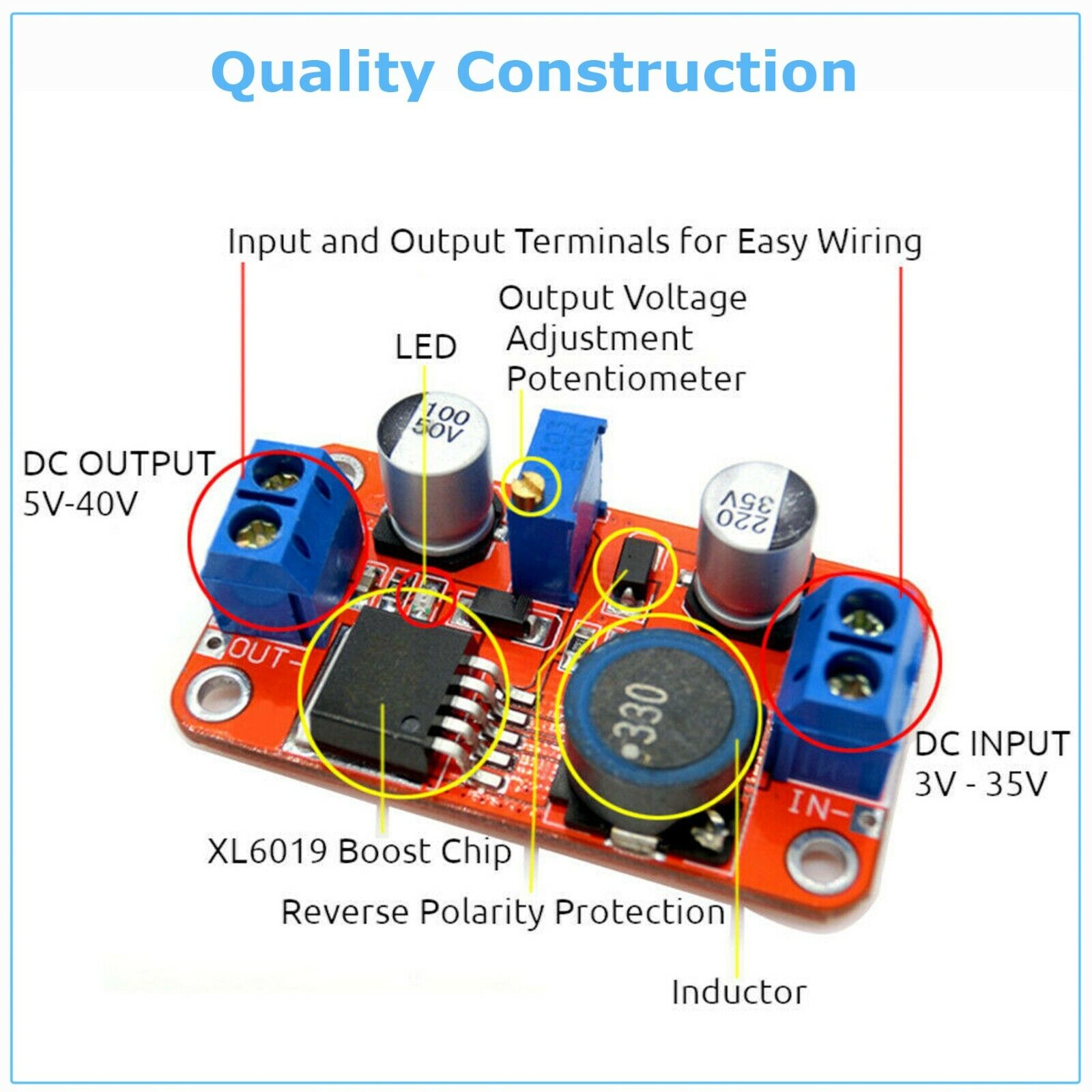XL6019 5A DC-DC Step Up Boost Converter Price - a red circuit board with blue screw terminals, an inductor, a potentiometer, and a boost chip.