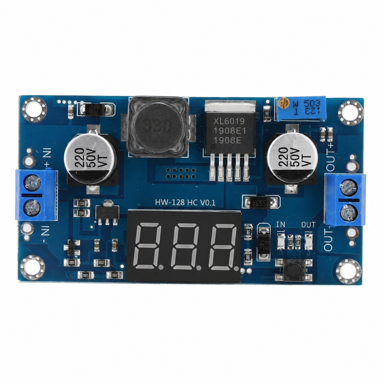 XL6019 DC-DC Boost Converter Module with LED Display (HW-128) - a blue circuit board with a three-digit display, screw terminals, and a potentiometer.