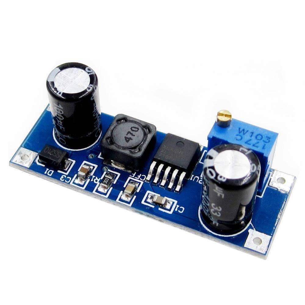 XL7015 DC-DC Buck Converter Step Down Module 5V-80V Wide Voltage Input 7005A Super Than LM2596 - a blue rectangular circuit board featuring a black inductor, two cylindrical capacitors, and a brass adjustment knob.