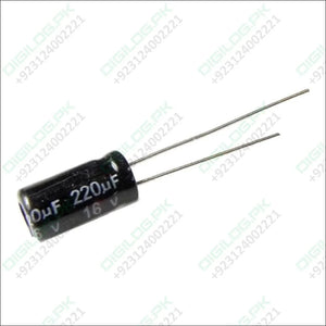 Black cylindrical capacitor with two leads, 220uF 16V electrolytic capacitors