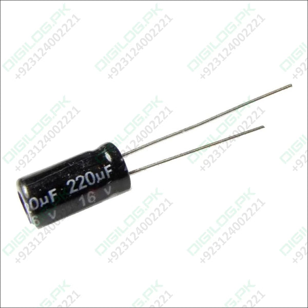 Black cylindrical capacitor with two leads, 220uF 16V electrolytic capacitors