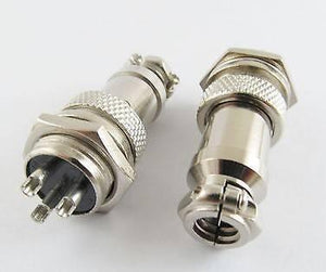 XLR 3 Pin Cable Connector 16mm Chassis Mount 3pin Plug Adapter - two silver-coloured metal circular connectors with three pins on one end.