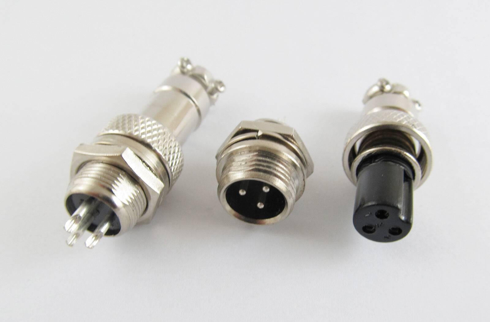 XLR 3 Pins 12mm Audio Cable Connector Chassis Mount 3 Pin Plug Adapter - three silver metal circular connectors with three pins or holes.