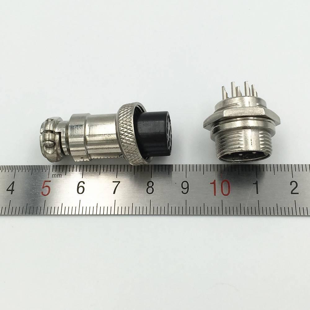 XLR 5 Pin Cable Connector 16mm Chassis Mount 5pin Plug Adapter - shown as a silver metal male plug and female chassis mount connector next to a ruler.