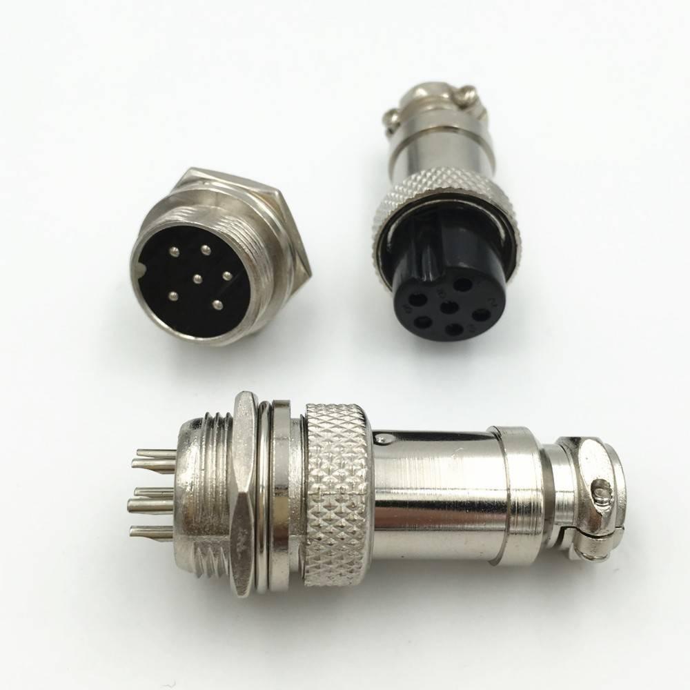 XLR 6 Pin Cable Connector 16mm Chassis Mount 6pin Plug Adapter - a silver metal chassis mount socket and a matching cable plug connector.