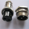 XLR Cable Connector 2 Pin 16mm Panel Chassis Mount - shown as a pair of silver metal circular connectors with two pins and a black interior.