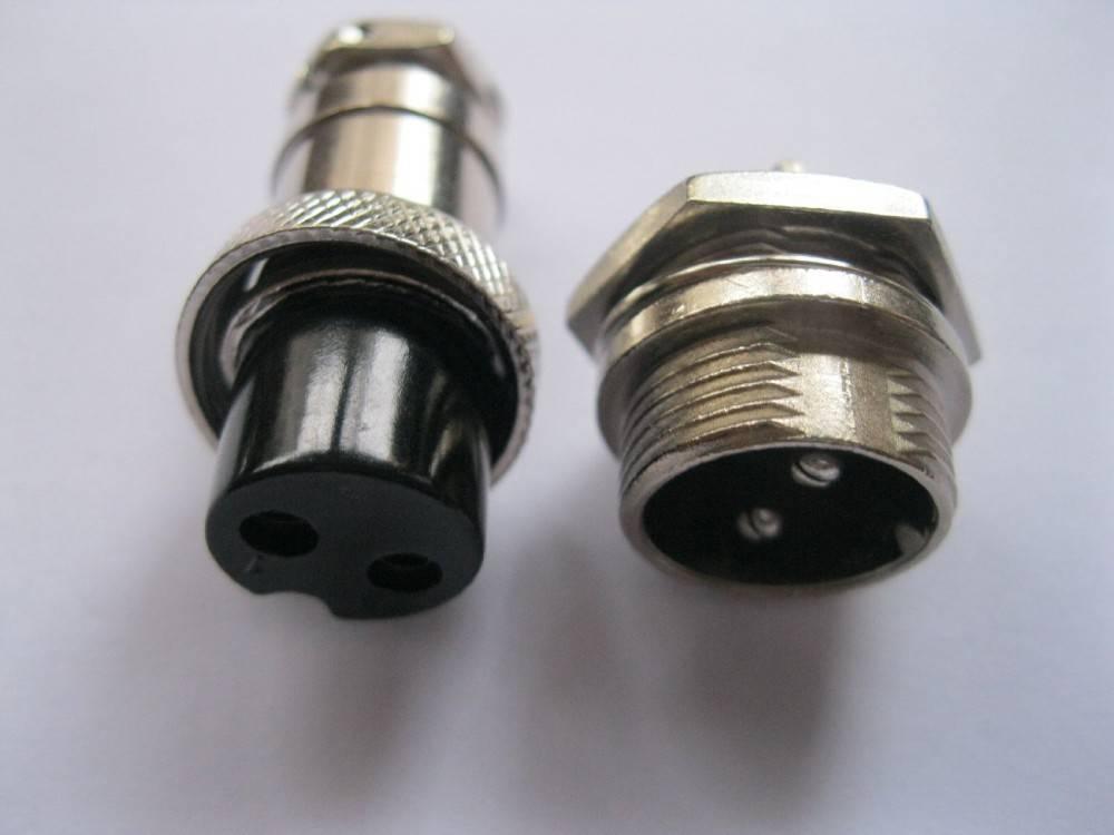 XLR Cable Connector 2 Pin 16mm Panel Chassis Mount - shown as a pair of silver metal circular connectors with two pins and a black interior.