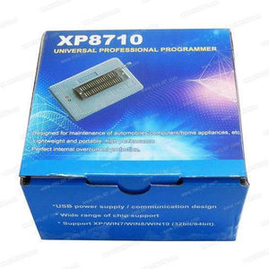 XP8710 Universal Professional Programmer With Over Current Protection - shown in its blue cardboard retail packaging box with an illustration of the device on the front.