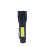 XPE COB LED Zoomable Battery Flashlight with Clip Mini Portable LED Torch - a black, cylindrical portable torch featuring a rectangular COB light panel and a side metal clip.