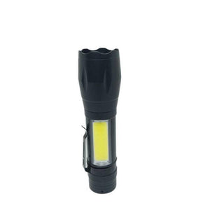 XPE COB LED Zoomable Battery Flashlight with Clip Mini Portable LED Torch - a black, cylindrical portable torch featuring a rectangular COB light panel and a side metal clip.