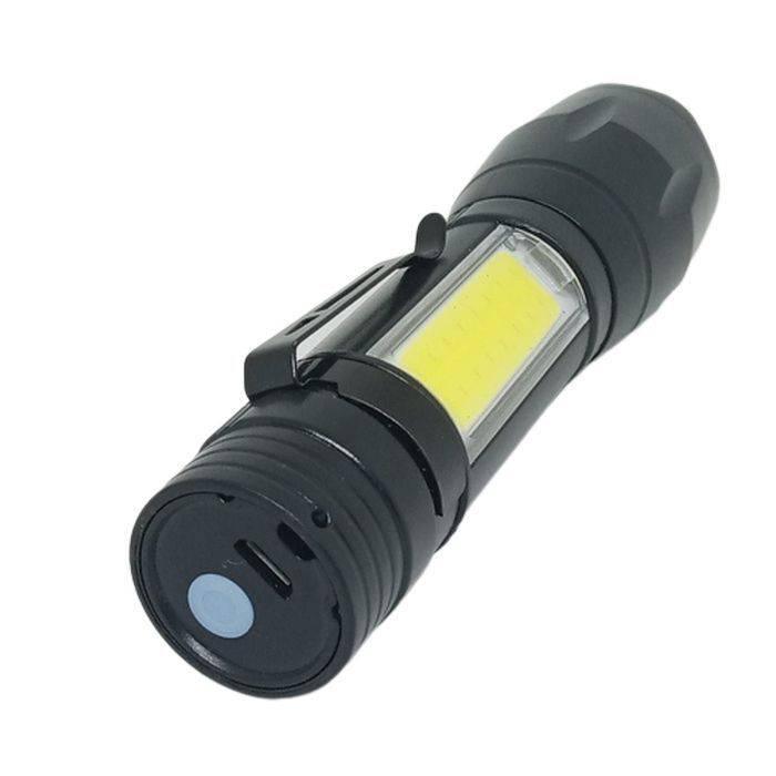 XPE COB LED Zoomable Battery Flashlight with Clip Mini Portable LED Torch - side COB light panel, a metal clip, and a button and charging port on the end.