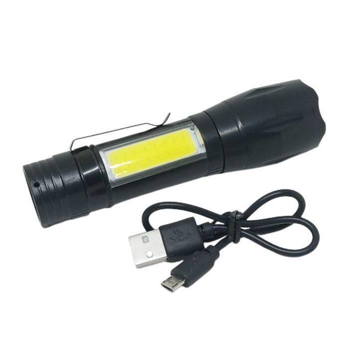 XPE COB LED Zoomable Battery Flashlight with Clip Mini Portable LED Torch - shown in black with a side COB light and an included USB charging cable.
