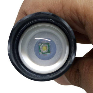 XPE COB LED Zoomable Battery Flashlight with Clip Mini Portable LED Torch - close-up view of the flashlight head showing the internal LED light source.