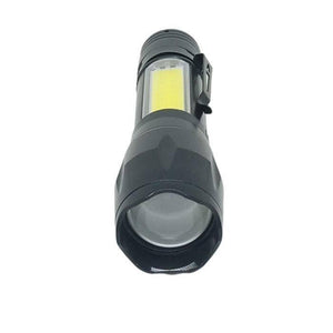 XPE COB LED Zoomable Battery Flashlight with Clip Mini Portable LED Torch - a black, handheld mini torch featuring a side-mounted COB light panel and a metal pocket clip.