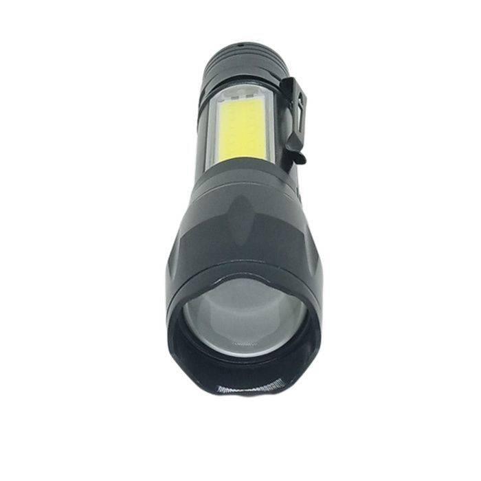 XPE COB LED Zoomable Battery Flashlight with Clip Mini Portable LED Torch - a black, handheld mini torch featuring a side-mounted COB light panel and a metal pocket clip.