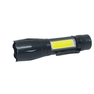 XPE COB LED Zoomable Battery Flashlight with Clip Mini Portable LED Torch - a black, portable handheld torch featuring a side-mounted COB LED panel and a pocket clip.