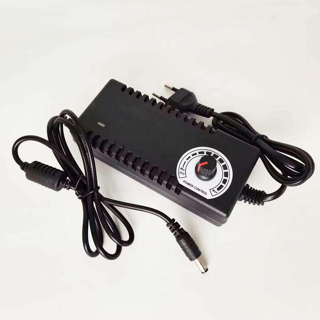 XR-F315 AC DC Power Adapter AC100-240V 3-15V 10A with Potentiometer Adjustable for Motor - a black rectangular power supply with an adjustable power control knob, an input power cord, and an output barrel connector.