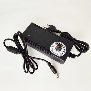 XR-F315 AC DC Power Adapter AC100-240V 3-15V 10A with Potentiometer Adjustable for Motor - a black rectangular power supply with an adjustable power control knob, an input power cord, and an output barrel connector.