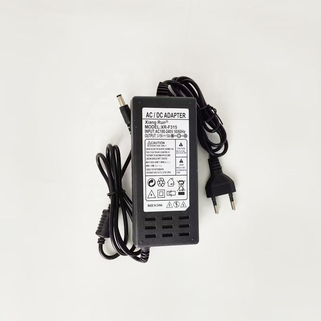 XR-F315 AC DC Power Adapter AC100-240V 3-15V 10A with Potentiometer Adjustable for Motor - a black rectangular unit with an attached power cable, a two-pin AC plug, and a DC output connector.