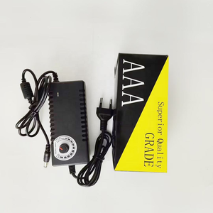 XR-F315 AC DC Power Adapter AC100-240V 3-15V 10A with Potentiometer Adjustable for Motor - black rectangular body, a circular power control knob, attached cables, and its black and yellow AAA brand box.