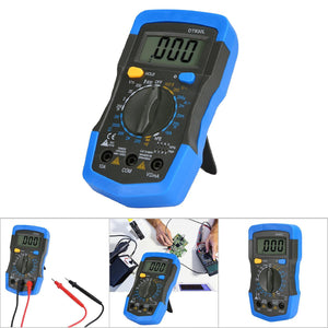 XT-MAX DT830L Digital Multimeter - a blue protective case, a central rotary dial, a digital display reading 000, and test leads in some views.