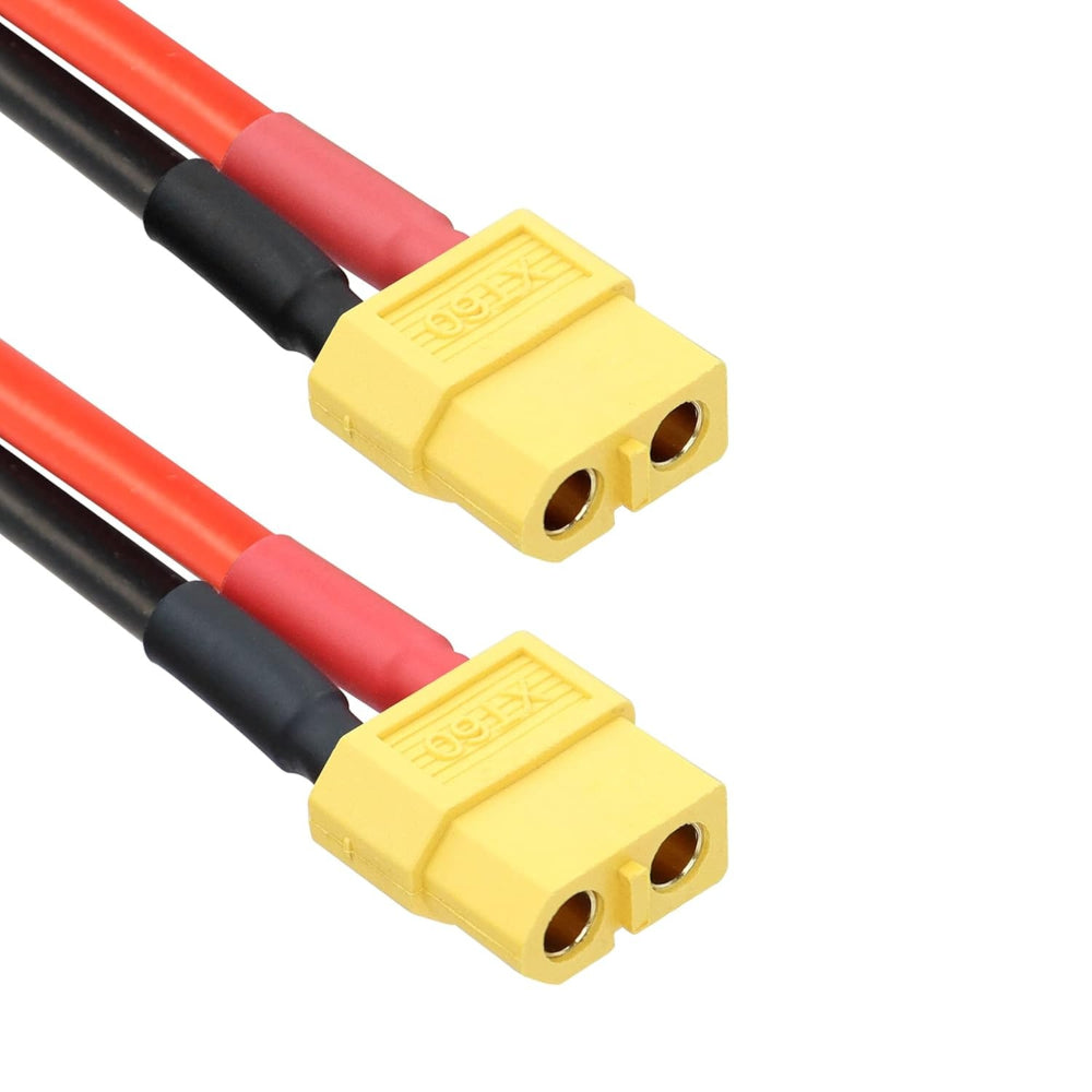 XT60 Female Connector with AWG16 Wire 10cm – RC Li-Po Battery to ESC Cable - two yellow XT60 female connectors attached to red and black wires with heat-shrink tubing.