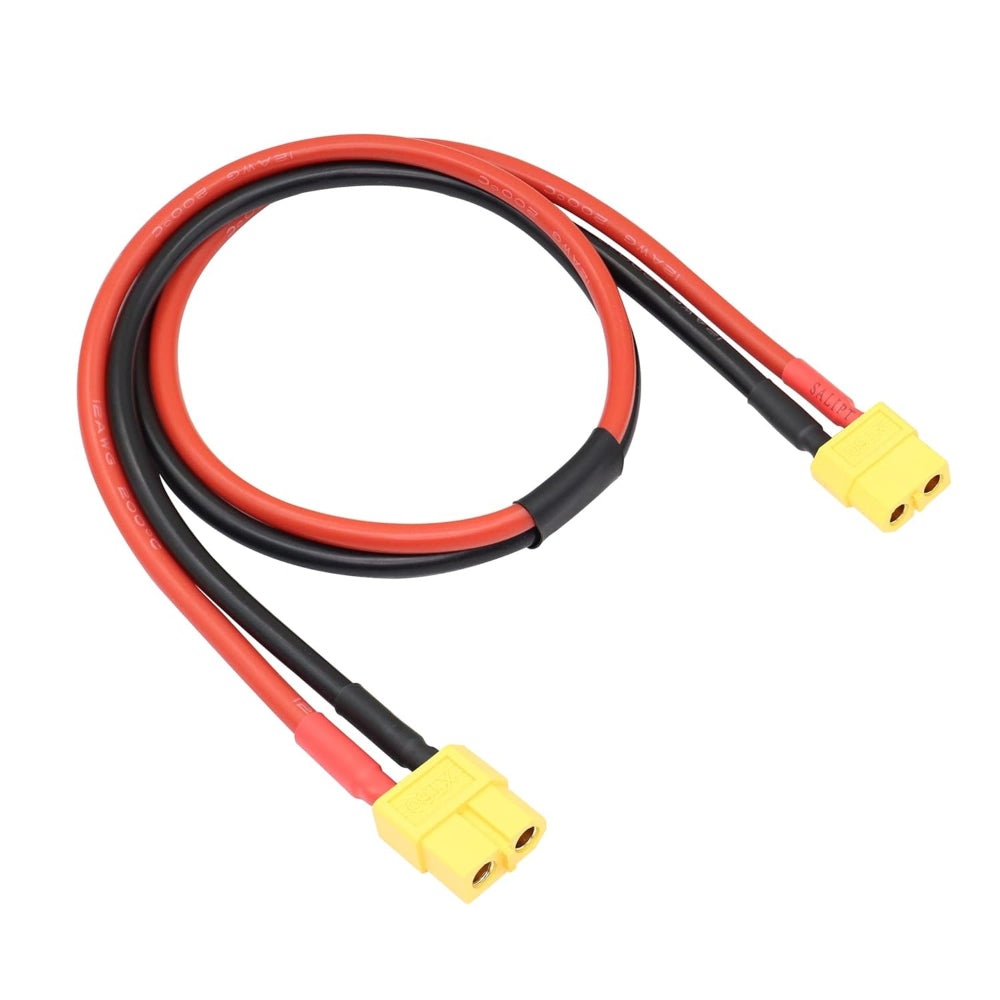 XT60 Female Connector with AWG16 Wire 10cm – RC Li-Po Battery to ESC Cable - two yellow XT60 connectors attached to a pair of red and black wires looped together.