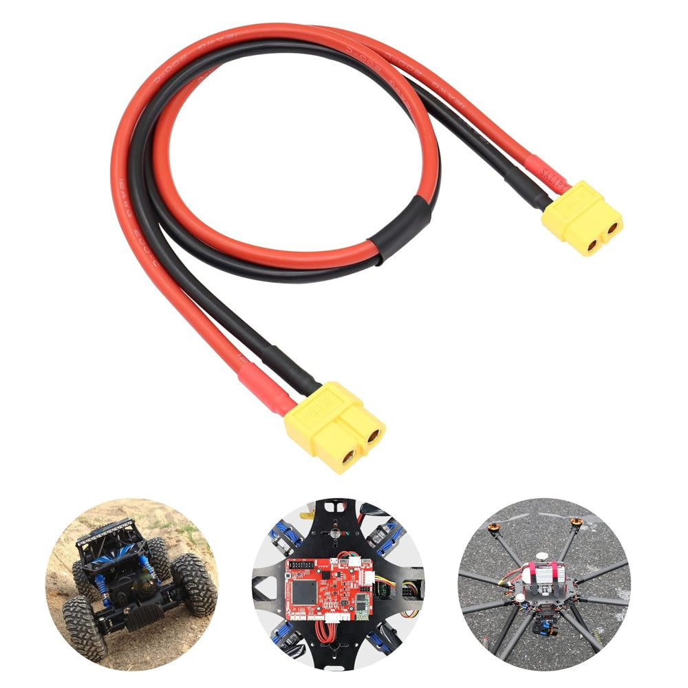 XT60 Female Connector with AWG16 Wire 10cm – RC Li-Po Battery to ESC Cable - a red and black wire cable with yellow XT60 connectors at both ends, plus three small circular inset images.