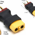 XT60 Female to T Plug Male Adapter Connector T-plug to XT60 LiPo Battery RC Helicopter Quadcopter - two views of the yellow and black connector with dimension labels indicating 1.1 inch length and 0.5 inch width.