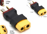 XT60 Female to T Plug Male Adapter Connector T-plug to XT60 LiPo Battery RC Helicopter Quadcopter - two views of the yellow and black connector with dimension labels indicating 1.1 inch length and 0.5 inch width.