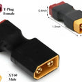 XT60 Male to T Plug Female Adapter Connector T-plug to XT60 LiPo Battery RC Helicopter Quadcopter - the connector with black heat shrink tubing and dimension labels in inches on a white background.