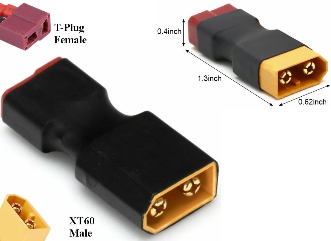XT60 Male to T Plug Female Adapter Connector T-plug to XT60 LiPo Battery RC Helicopter Quadcopter - the connector with black heat shrink tubing and dimension labels in inches on a white background.