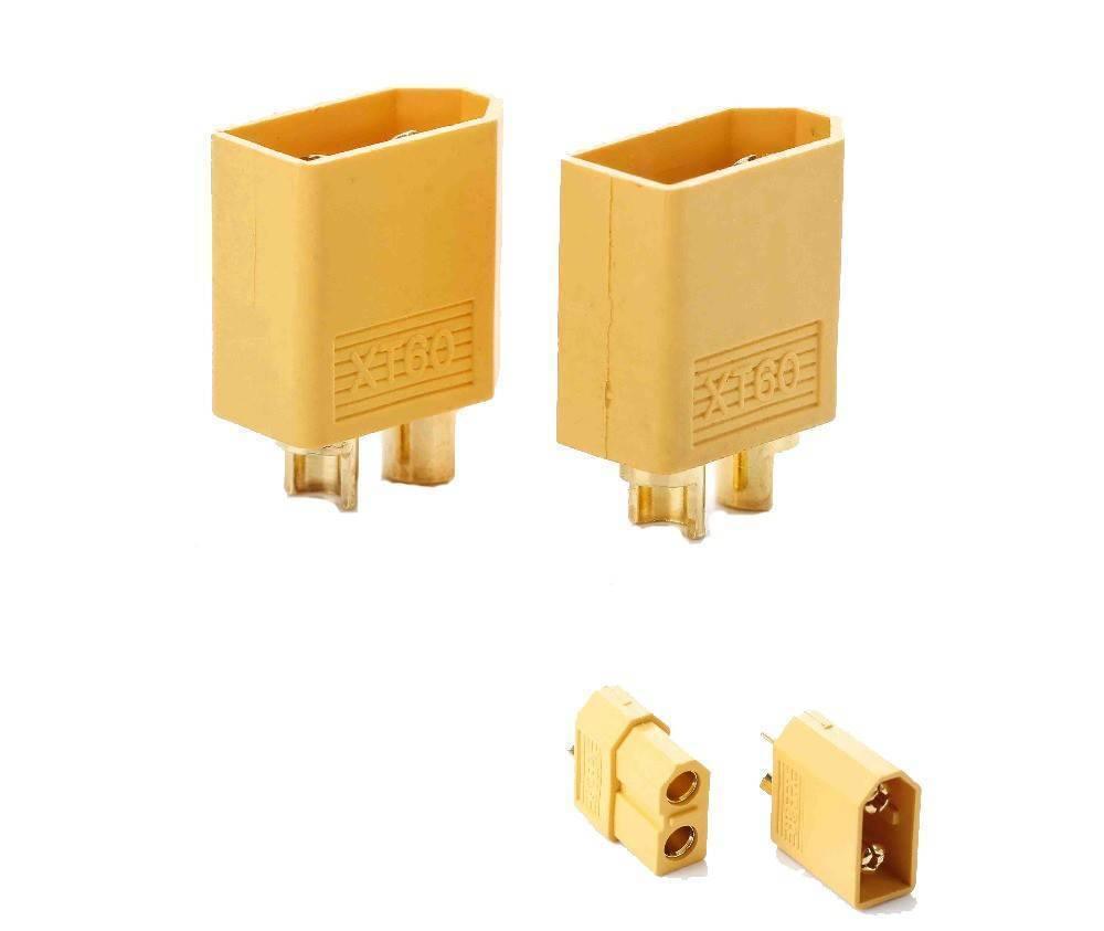 XT60 XT-60 Male Female Bullet Connectors Plugs - two large yellow XT60 male and female bullet connector plugs alongside two smaller, assembled XT60 connector sets.