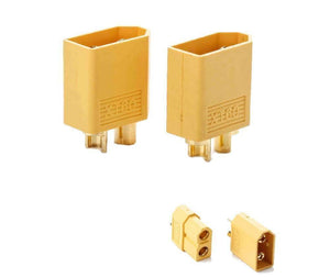 XT60 XT-60 Male Female Bullet Connectors Plugs - two large yellow XT60 male and female bullet connector plugs alongside two smaller, assembled XT60 connector sets.