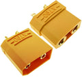XT90 Male-Female Connector XT90 High Current Connectors Pair - Female Male XT-90 XT 90 - one yellow plastic XT90 male connector and one yellow plastic XT90 female connector with gold-plated terminals.
