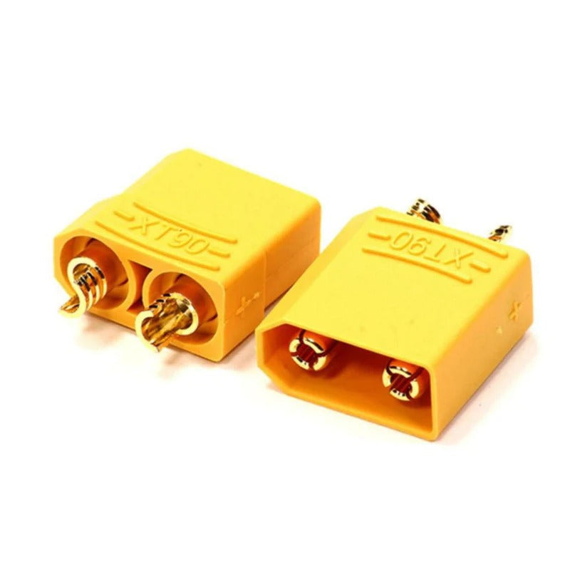 XT90 Male-Female Connector XT90 High Current Connectors Pair - Female Male XT-90 XT 90 - one yellow male and one yellow female XT90 high-current connector with gold-plated terminals.