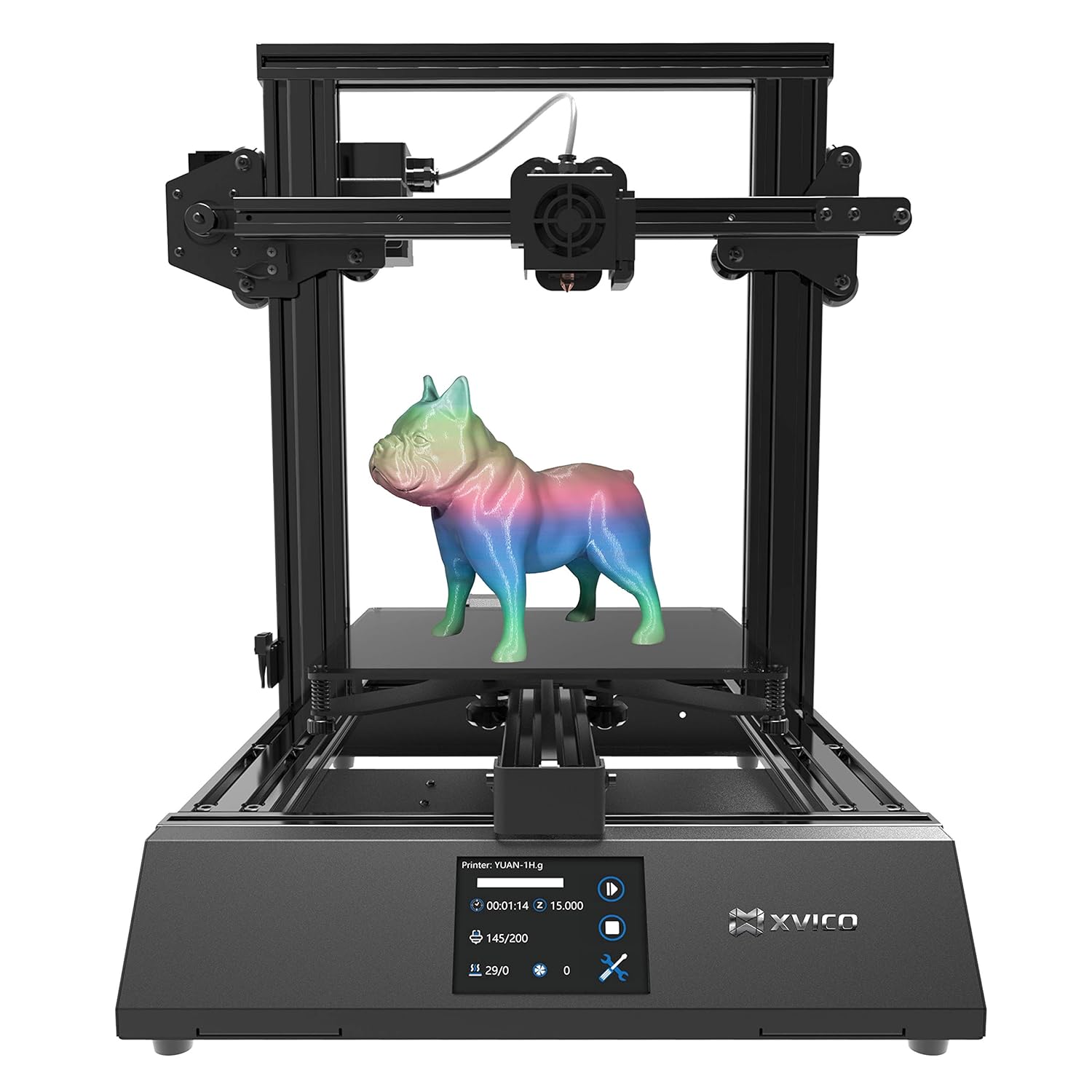 XVICO 3D Printer X3S DIY Kit Rapid Assembly with Open Source Marlin 2.0, Large Build Print Area 220mm x 220mm x 250mm - printed bulldog model on the build plate and a digital display showing print status and temperature settings.