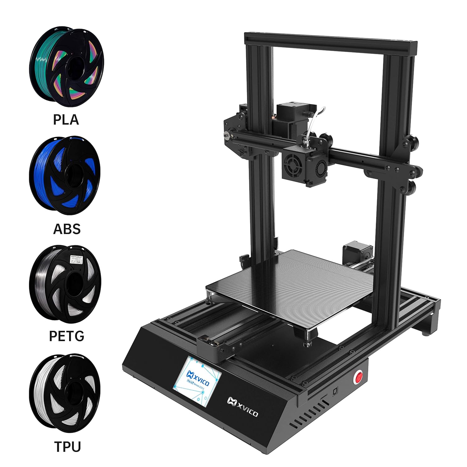 XVICO 3D Printer X3S DIY Kit Rapid Assembly with Open Source Marlin 2.0, Large Build Print Area 220mm x 220mm x 250mm - shown with a black metal frame, a print bed, a screen displaying the XVICO logo, and four spools of different colored filament.