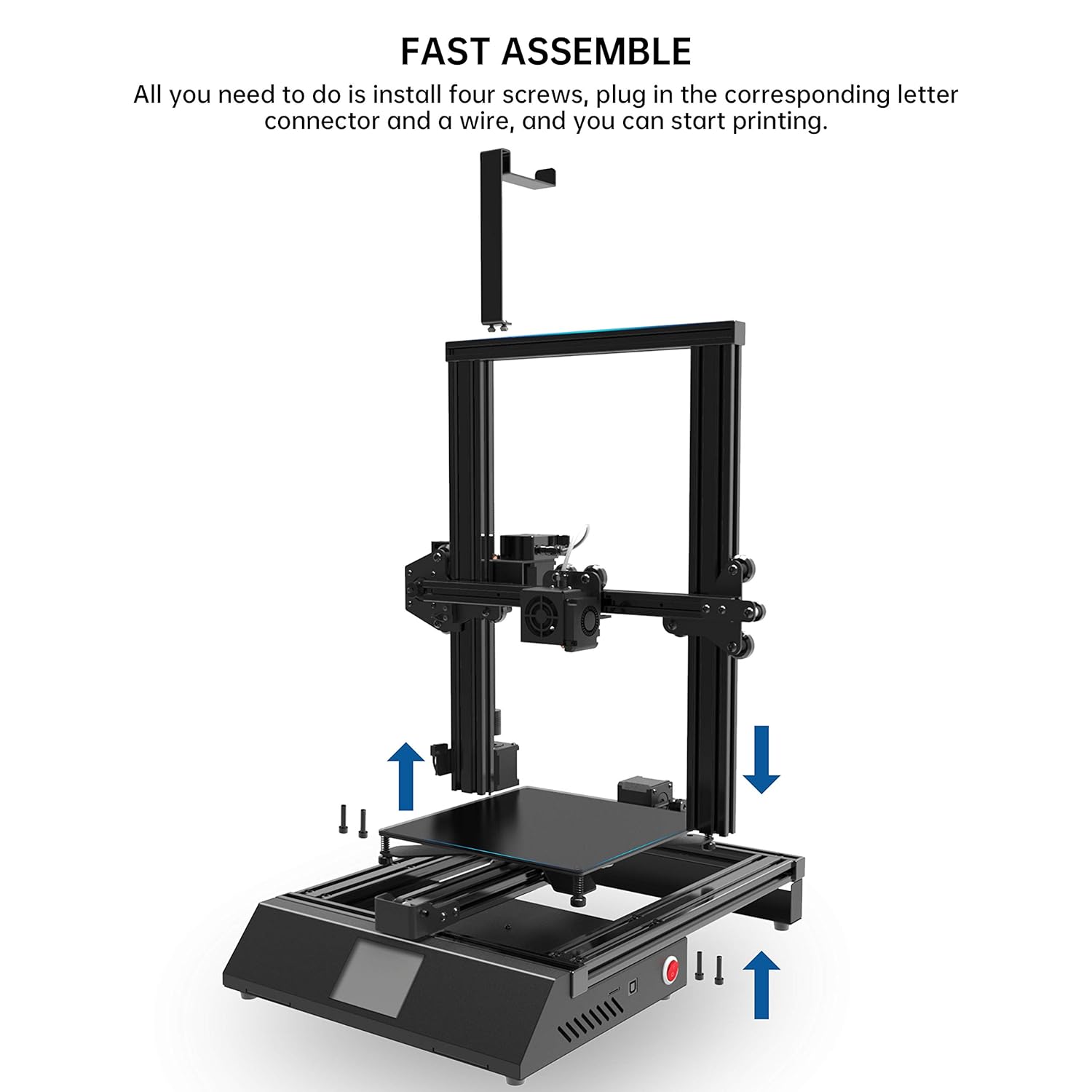 XVICO 3D Printer X3S DIY Kit Rapid Assembly with Open Source Marlin 2.0, Large Build Print Area 220mm x 220mm x 250mm - a partially assembled black metal frame with an LCD screen, four screws, and blue arrows indicating assembly steps.