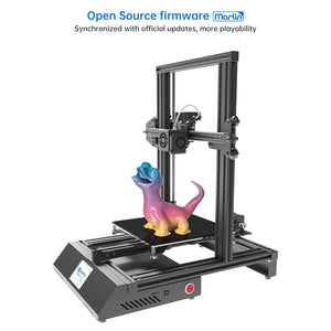 XVICO 3D Printer X3S DIY Kit Rapid Assembly with Open Source Marlin 2.0, Large Build Print Area 220mm x 220mm x 250mm - a black metal frame, a print bed with a multi-colored dinosaur model, a front control panel, and a red power switch.