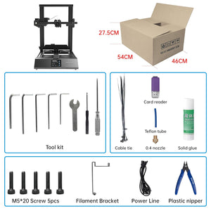XVICO 3D Printer X3S DIY Kit Rapid Assembly with Open Source Marlin 2.0, Large Build Print Area 220mm x 220mm x 250mm - the printer unit, its shipping box with dimensions, and an organized layout of included tools, hardware, and accessories.