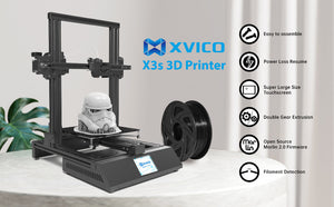XVICO 3D Printer X3S DIY Kit Rapid Assembly with Open Source Marlin 2.0, Large Build Print Area 220mm x 220mm x 250mm - a touchscreen display, a printed stormtrooper helmet on the build plate, and a spool of black filament.