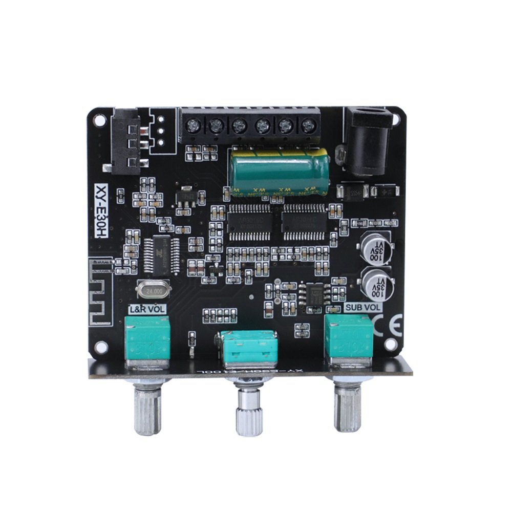XY-E30H 2.1 Channel Bluetooth Audio Amplifier Board with Subwoofer 9V-24V - a black rectangular circuit board featuring three green rotary knobs, a power jack, and terminal blocks.