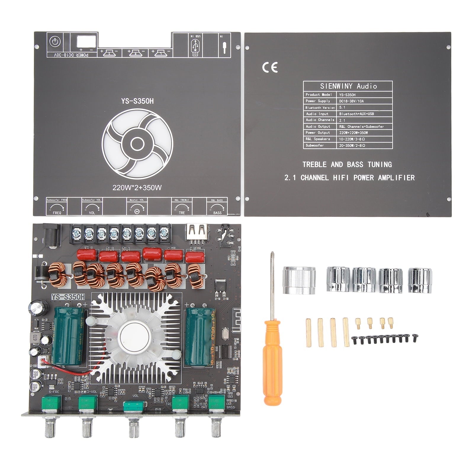 XY S350H 220WX2 350W 2.1 Channel Bluetooth Power Amplifier Board 18V‑38V Bluetooth Speaker Audio Amplifier Module Channel Subwoofer Amplifier Board - the circuit board with heatsink, two metal panels, four knobs, a screwdriver, and screws.