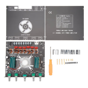 XY S350H 220WX2 350W 2.1 Channel Bluetooth Power Amplifier Board 18V‑38V Bluetooth Speaker Audio Amplifier Module Channel Subwoofer Amplifier Board - the circuit board with heatsink, two metal panels, four knobs, a screwdriver, and screws.