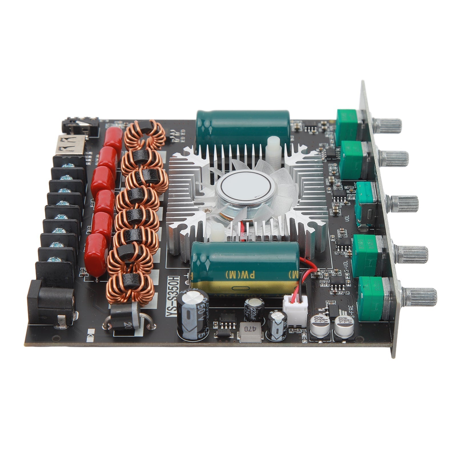 XY S350H 220WX2 350W 2.1 Channel Bluetooth Power Amplifier Board 18V‑38V Bluetooth Speaker Audio Amplifier Module Channel Subwoofer Amplifier Board - a black circuit board with a cooling fan, heatsink, five knobs, and multiple wire terminals.
