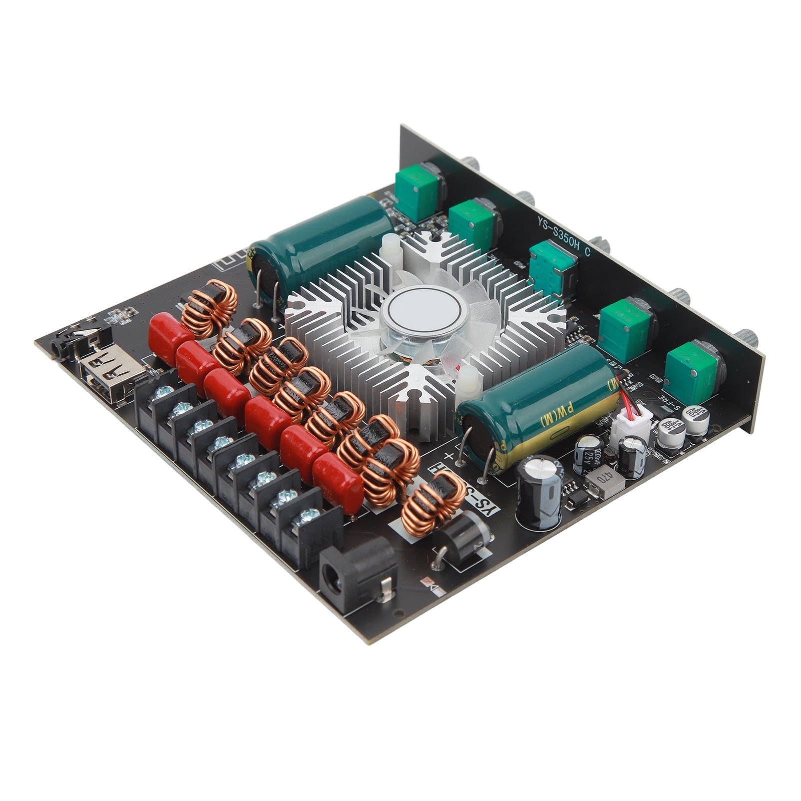 XY S350H 220WX2 350W 2.1 Channel Bluetooth Power Amplifier Board 18V‑38V Bluetooth Speaker Audio Amplifier Module Channel Subwoofer Amplifier Board - a black circuit board with a central cooling fan, capacitors, coils, and terminal blocks.