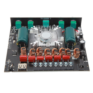 XY S350H 220WX2 350W 2.1 Channel Bluetooth Power Amplifier Board 18V‑38V Bluetooth Speaker Audio Amplifier Module Channel Subwoofer Amplifier Board - a central cooling fan, two large capacitors, copper inductors, and rear-mounted knobs.